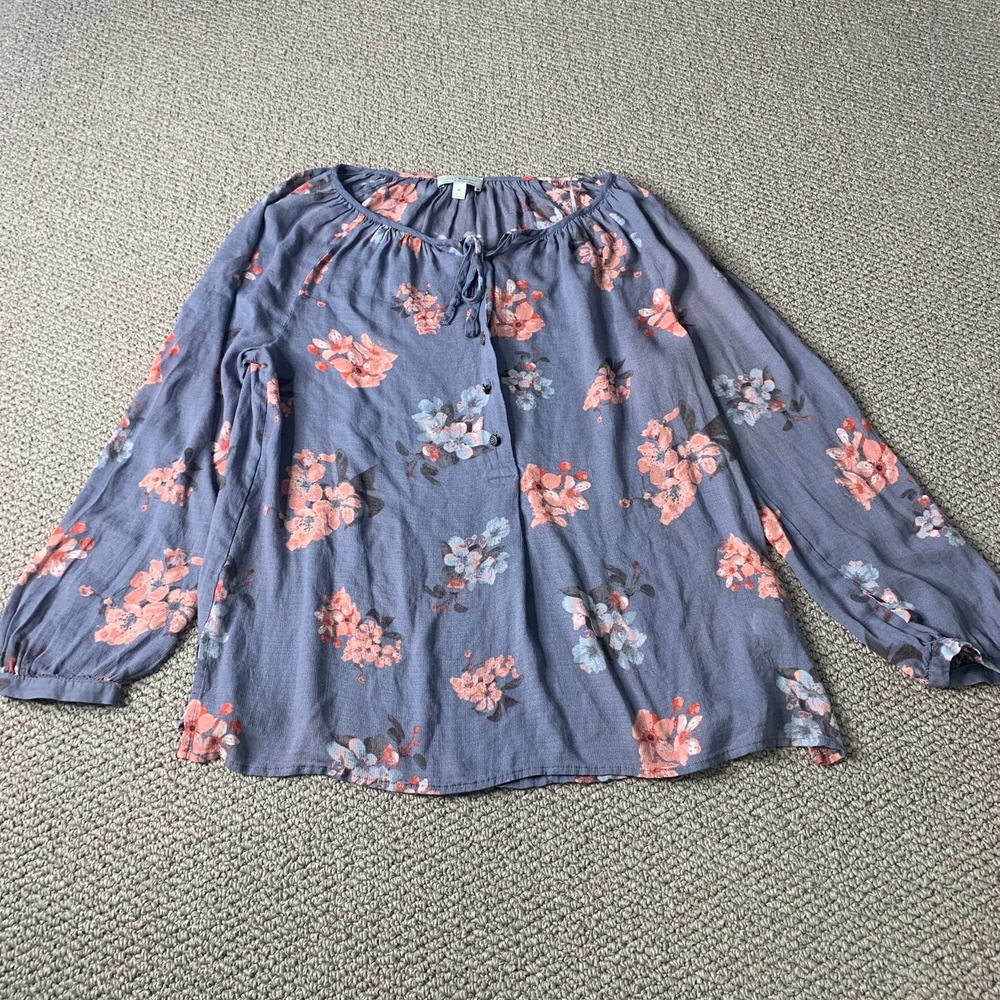 Lucky Brand Womens Blouse Top Size Medium Blue Gray Floral Print Long‎ Sleeves